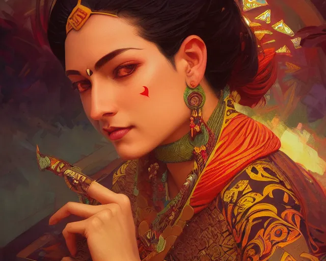 Image similar to photography of jamini roy, deep focus, d & d, fantasy, intricate, elegant, highly detailed, digital painting, artstation, concept art, matte, sharp focus, illustration, hearthstone, art by artgerm and greg rutkowski and alphonse mucha