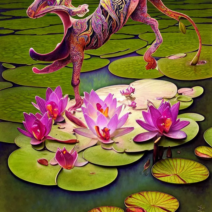 Prompt: psychedelic animal made of orchid on pond of waterlilies, diffuse lighting, fantasy, intricate, elegant, highly detailed, lifelike, photorealistic, digital painting, artstation, illustration, concept art, smooth, sharp focus, art by John Collier and Albert Aublet and Krenz Cushart and Artem Demura and Alphonse Mucha