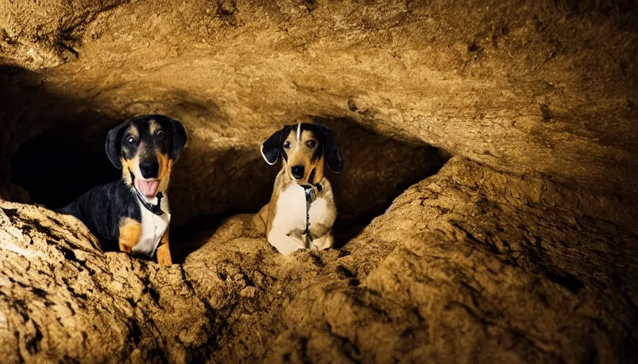 Prompt: a photo of a hound dog, in a dark cave, photography