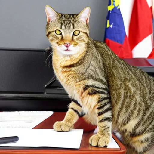 Prompt: Tabby Cat the president behind his office desk