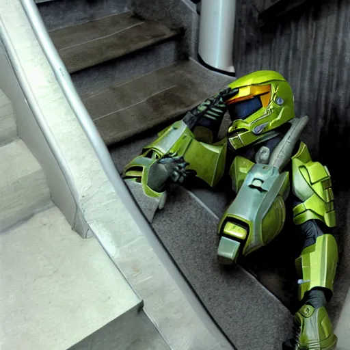 Prompt: master chief falling down a flight of stairs