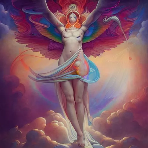 Image similar to psychedelic angelic celestial being artwork of peter mohrbacher, by henry fuseli, ayahuasca, energy body, sacred geometry, esoteric art, rainbow colors, realist, abstract and surreal art styles with anime and cartoon influences divinity