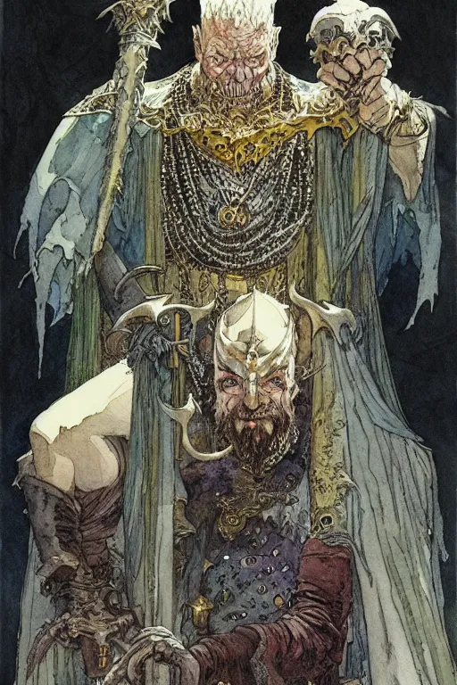 Image similar to a realistic and atmospheric watercolour fantasy character concept art full body portrait of an evil king with a black crown looking at the camera with an intense gaze by rebecca guay, michael kaluta, charles vess and jean moebius giraud