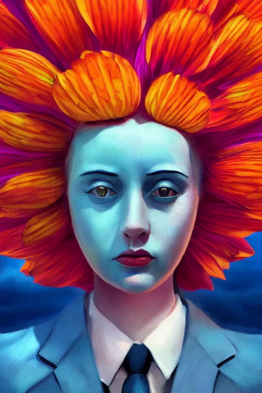 Image similar to closeup giant dahlia flower head, girl in a suit, surreal photography, blue sky, sunrise, dramatic light, impressionist painting, digital painting, artstation, simon stalenhag