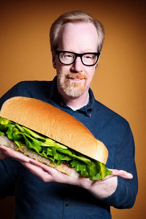 Image similar to 📷 portrait of adam savage the sandwich, made of food, still image, dynamic lighting, 4 k