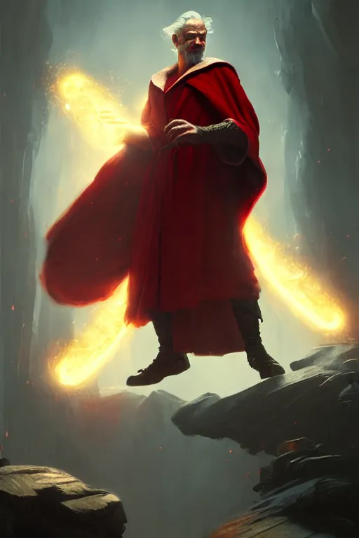 Prompt: evil male sorcerer, library background, the room filled with colorful magic, red robe, epic, white skin, young, sharp, brown hair, beard, concept art, digital art, dynamic lighting, unreal engine, octane, by greg rutkowski and frank frazetta