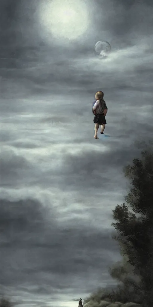 Image similar to a medieval peasant kid walking alone in the night dramatic airbrushed clouds over black background by Luis royo and Caravaggio airbrush fantasy 80s, realistic masterpiece