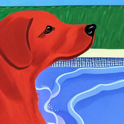 Prompt: close-up of a red dog at pool, painting by david hockney, higly detailed