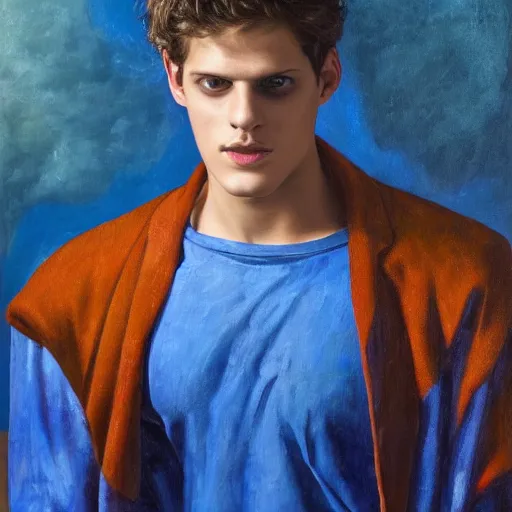 Prompt: Oil painting of the handsome Daniel Sharman in modern clothes, with blue devil wings, naturalism, dramatic lighting, high-detailed oil painting by Ilya Repin, Michelangelo da Caravaggio, William Blake, Alex Grey and Beksinski, trending on Artsatio, masterpiece, 4k, 8k,