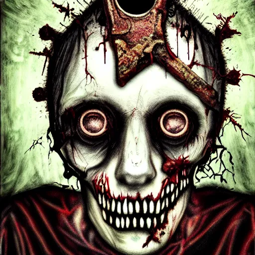 Prompt: asymmetrical zombie king portrait, fallen, decay, lost, depressed, borderline, schizophrenia, realistic