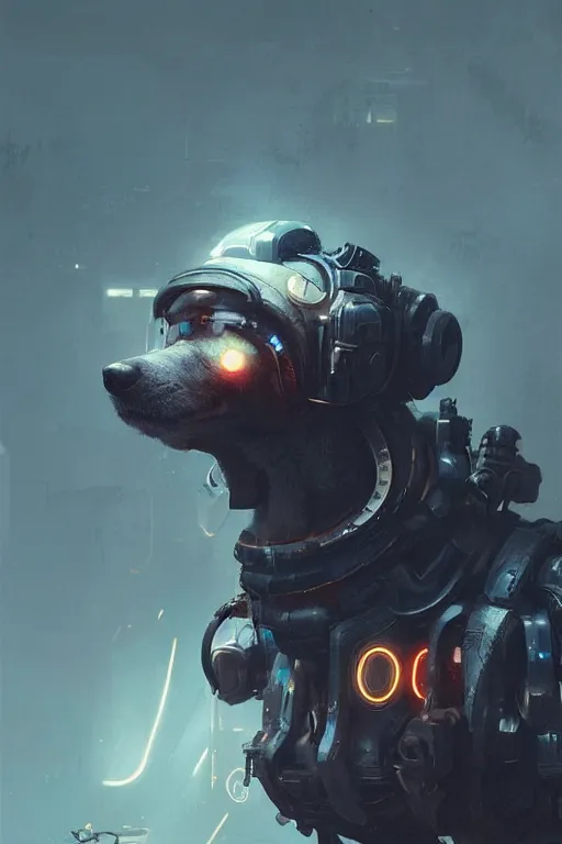 Image similar to A a very cute cyberpunk dog character, metal parts, glowing eyes, profile picture by Greg Rutkowski, Matte Painting, trending on the artstation