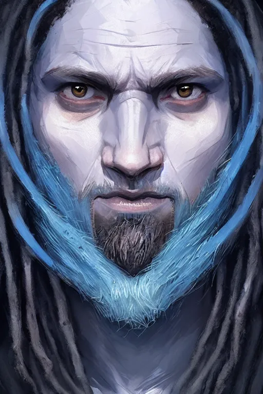 Prompt: portrait of a blue genasi with a square jaw from d & d by greg rutkowski, dreadlocks and small beard, runic rings, d & d character, blue, black background, highly detailed portrait, digital painting, artstation, concept art, smooth, sharp foccus ilustration, artstation hq