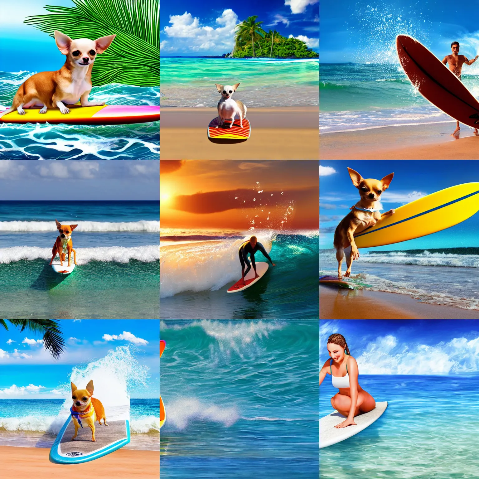 Prompt: chihuahua surfing tropical background waves 4k hyper realism surreal sunny beach