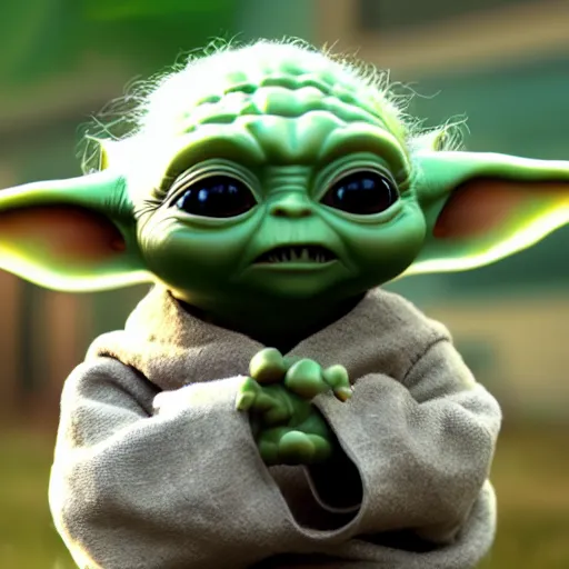 Image similar to baby yoda getting bigger, meaner and transforming into hulk, dc universe, bokeh, high quality dof