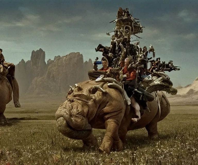 Image similar to 35mm still from a sci fi blockbuster movie made in 2022, set in 1860, of a family riding on the back of alien hippos, on an alien planet, across an alien landscape that is full of strange wild alien plants and flowers, the family are wearing 1850s era clothes, cinematic lighting, 4k, in focus faces, good quality lighting, good quality photography, oscar winner