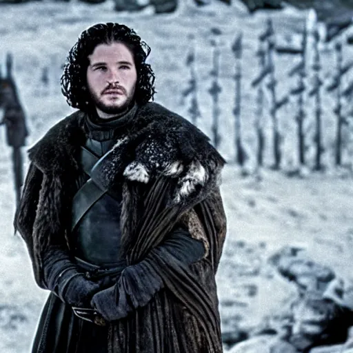 Prompt: movie still of jon snow from the tv series game of thrones ( 1 9 7 6 )