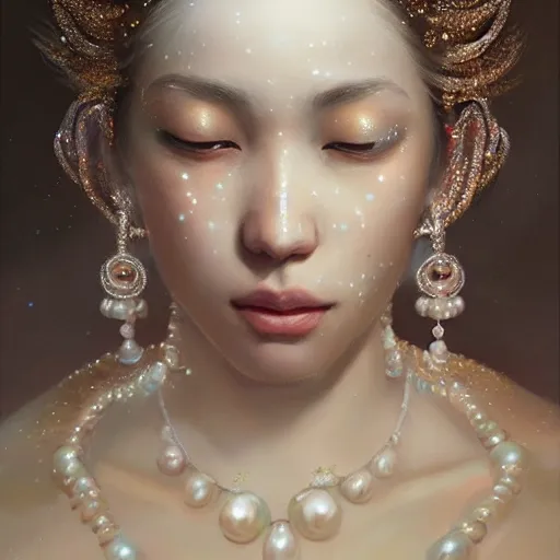 Image similar to a beautiful portrait of a pearl goddess with glittering skin, a detailed painting by greg rutkowski and raymond swanland, featured on cgsociety, fantasy art, detailed painting, artstation hd, photorealistic