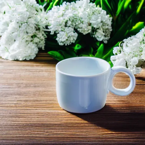 Image similar to clay mug on a white table surrounded by elegant blue and white flowers and green leaves, bright white realistic, up close shot, white background, zen, light, modern minimalist, clean f 2 0