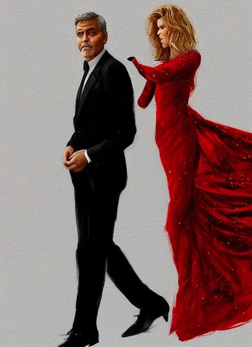 Image similar to portrait of george clooney wearing a formal black suit and kim basinger wearing a red dress in love, intricate, elegant, glowing lights, highly detailed, digital painting, artstation, glamor pose, concept art, smooth, sharp focus, illustration, art by wlop and greg rutkowski