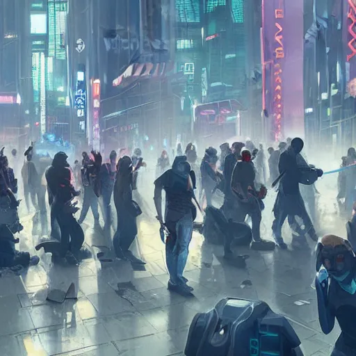 Image similar to protesters holding placards, detailed digital illustration by greg rutkowski, cyberpunk, android netrunner