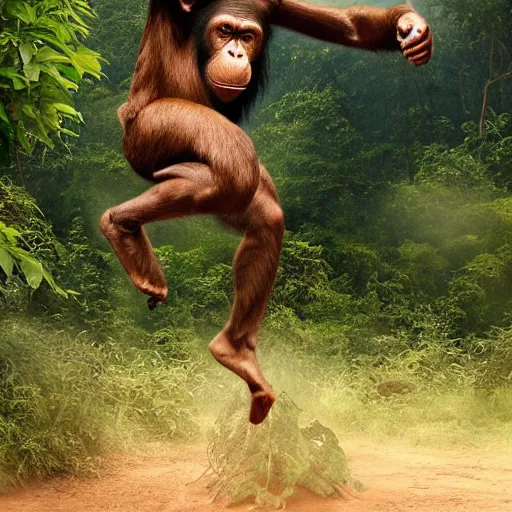 Image similar to Angry Chimpanzee Jumping, Epic Jump, Cinematic Photo, Cinematic Shot, Jungle, Foliage Boris Vallejo, Epic, 8k resolution, ArtStation, Hyperrealistic