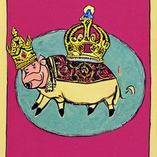 Image similar to a pig wearing a gold crown in the style of R. K. Laxman