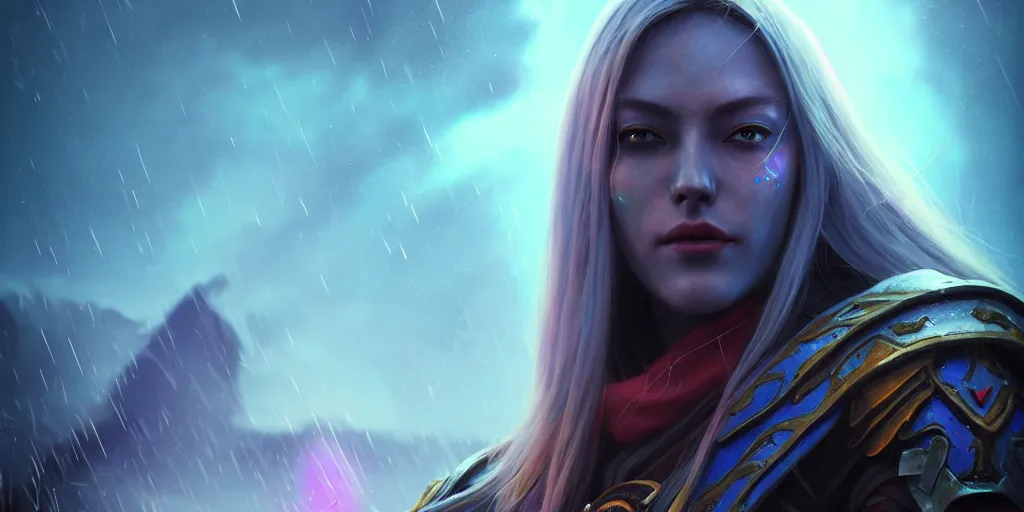 Image similar to ( ( ( ( ( hyperrealist distant portrait of sylvanas windrunner on a blue planet where it rains colors. ) ) ) ) ) by bayard wu, fantasy, photorealistic, octane render, unreal engine, dynamic lighting, trending on artstation, poster, volumetric lighting, very detailed faces, 4 k, award winning