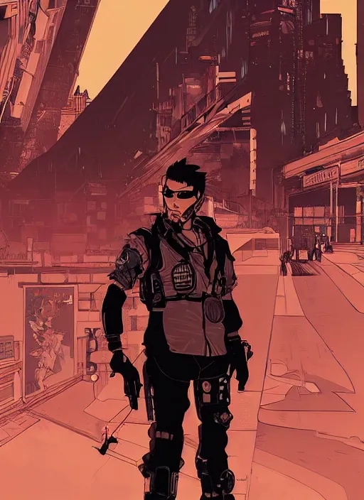 Image similar to hector tanaka. cyberpunk mercenary with scenic background. portrait illustration, pop art, art by ashley wood, alphonse mucha, laurie greasley and josan gonzalez. cinematic. dynamic lighting. realistic proportions. creative design. cell shading