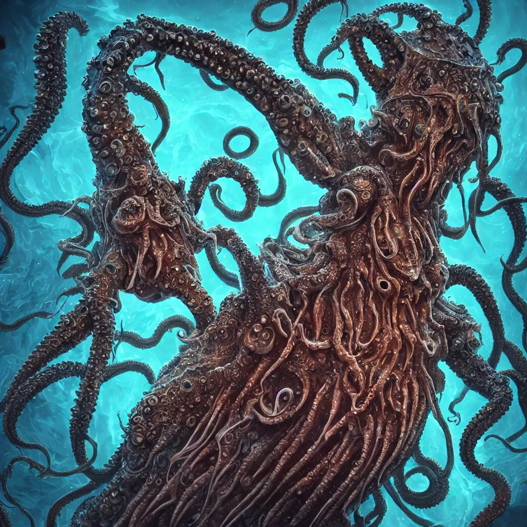 Image similar to close-up macro portrait of a Cthulhu and other fantastical sea creatures, epic angle and pose, ribcage bones symmetrical artwork, 3d with depth of field, blurred background, cybernetic jellyfish female face skull phoenix bird, translucent, nautilus, energy flows of water and fire. a highly detailed epic cinematic concept art CG render. made in Maya, Blender and Photoshop, octane render, excellent composition, cinematic dystopian brutalist atmosphere, dynamic dramatic cinematic lighting, aesthetic, very inspirational, arthouse. Greg Rutkowski, Ilya Kuvshinov, WLOP, Stanley Artgerm Lau, Ruan Jia and Fenghua Zhong