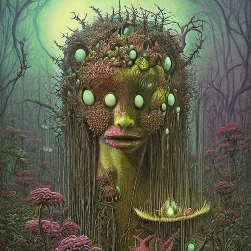 Image similar to a hyperrealistic painting of a beautiful alien princess in the middle of an alien jungle, bioluminescent plants, by john kenn mortensen and zdzislaw beksinski, highly detailed, vivid color,