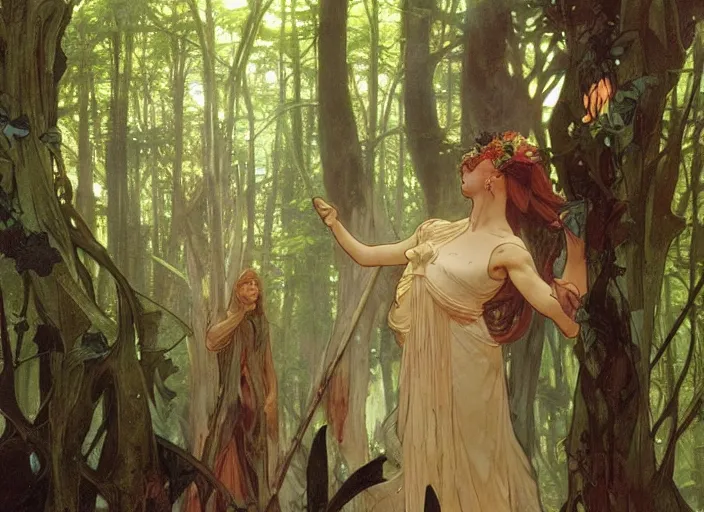 Prompt: will - o'- wisp forest, lush trees, a group of fairies dancing around a demon, magical, vivid colors, rule of thirds, a fantasy digital painting by alphonse mucha, by greg rutkowski, by john william waterhouse, by james gurney, trending on artstation, highly detailed, sharp lines