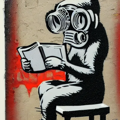 Prompt: a single Monkey reading a book, wearing a gas mask, graffiti, edge to edge, solid color background intricate, highly detailed, smooth, sharp focus, detailed face and body, high contrast, art by banksy