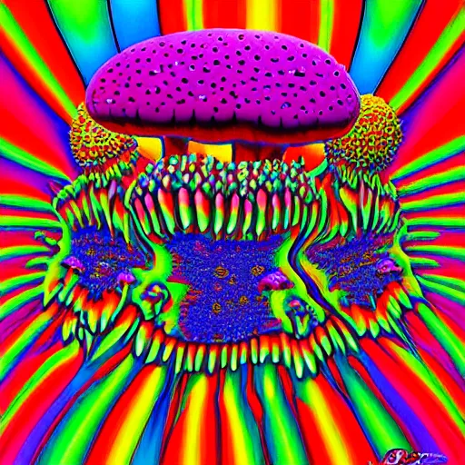 Image similar to a colorful mandelbulb 3 d mushroom in a psychedelic world, peace and love, by peter max and mark ryden