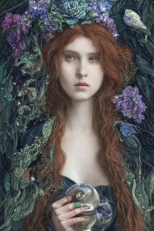 Image similar to An extremely beautiful pre-raphaelite portrait of a very beautiful and cute witch, surreal, ultradetailed, intricate, elegant, digital art painting, concept art, smooth, sharp focus, poster art, art cover illustration, regal, award winning picture, extremely detailed masterpiece, sense of awe, featured on artstation, Artgerm, effervescent punk kawaii-noir pastel bubbles, winning award piece, ethereal rainbows, Aetherpunk, low-key neon lightning, stormy weather, Exquisite details, 8K detail post-processing, matte, oil painting