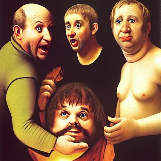 Image similar to matt stone and trey parker as the three stooges in a caravaggio painting