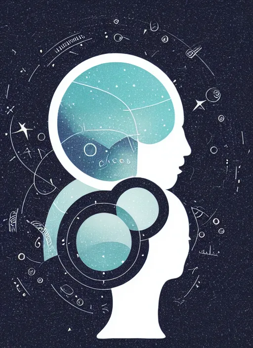 Prompt: minimalist circle logo icon for a wandering mind, contained within a circled, brain funnel attention, stars, retro psychology, victo ngai, kilian eng, lois van baarle, behance