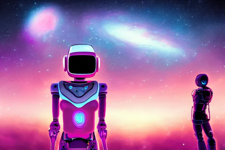 Image similar to a beautiful calm robot girl looking up at the galaxy, digital art, synthwave,