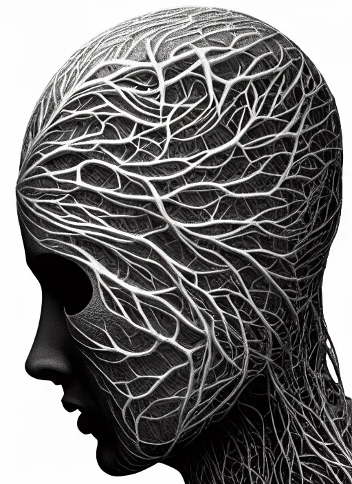 Image similar to bw close - up profile face, black background, beautiful porcelain vegetal dragon cyborg young female, 1 5 0 mm, beautiful natural soft rim light, silver gold details, magnolia leaves and stems, roots, fine lace, mandelbot fractal, elegant, ultra detailed, white metallic armour, octane render, h. r. giger style