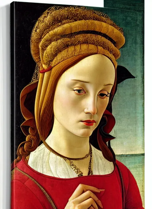 Image similar to portrait of young woman in renaissance dress and hennin, art by sandro botticelli