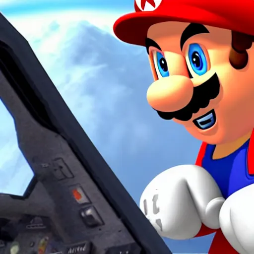 Prompt: Super Mario in real life screaming inside a fighter jet cockpit