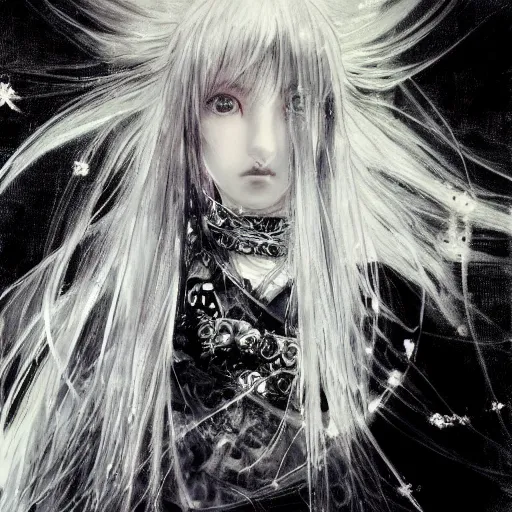 Image similar to yoshitaka amano blurred and dreamy illustration of an anime girl with pirate eye patch, wavy white hair and cracks on her face wearing elden ring armour with the cape fluttering in the wind, abstract black and white patterns on the background, noisy film grain effect, highly detailed, renaissance oil painting, weird portrait angle