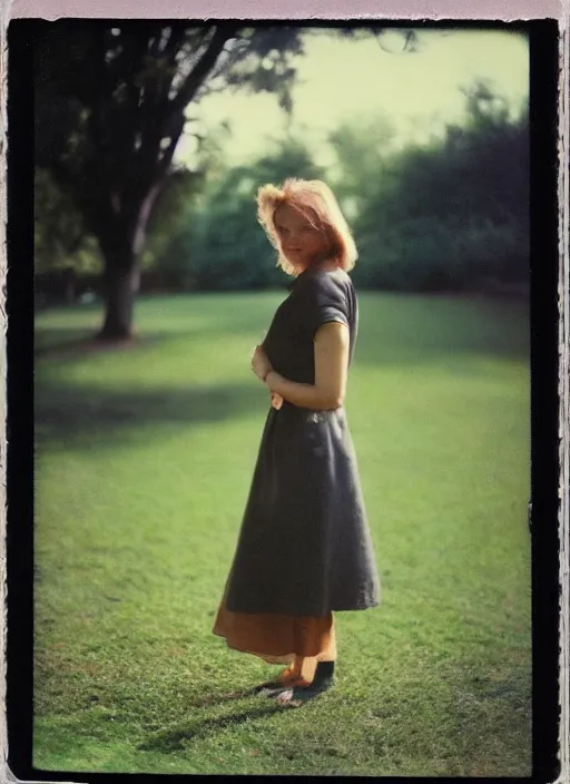 Prompt: woman at lawn, polaroid photography in style of andrey tarkovski, 35mm, film photo