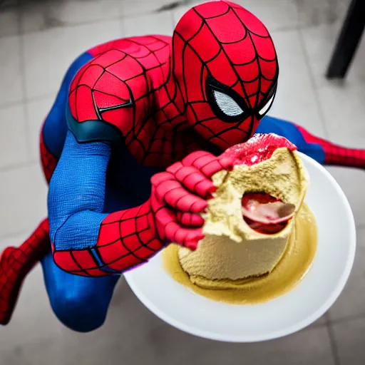 Prompt: Spider-Man eating Hummus. Sony a7r IV, symmetric balance, polarizing filter, Photolab, lightroom, 8k, award-winning