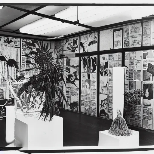 Image similar to A black and white photography of an exhibition space with objects of Sun Ra, Marcel Duchamp and tropical plants, 60s, offset lithography print, newspaper, distant shot