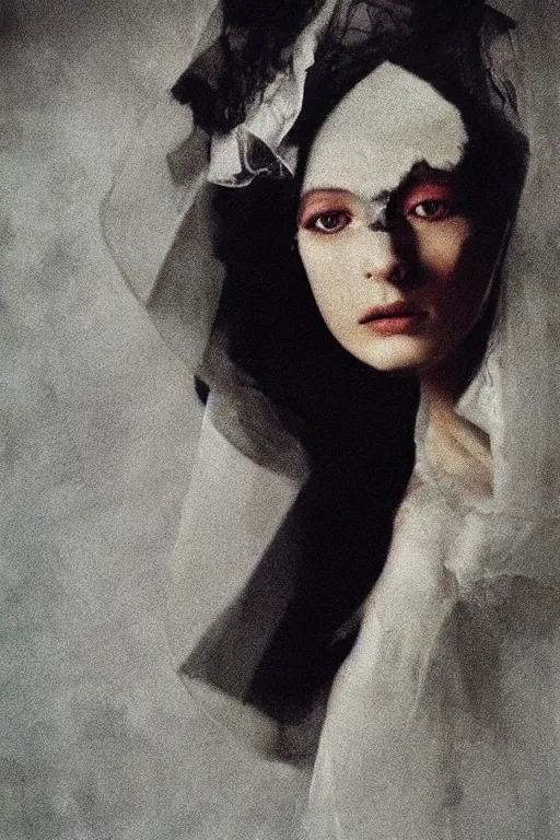 Image similar to hyperrealism close - up fashion portrait by roversi photo from the holy mountain by alejandro jodorowsky in style of francisco goya