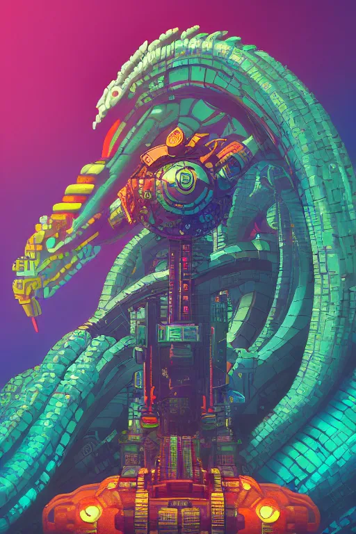 Image similar to A beautiful painting of quetzalcoatl in cyberpunk gotic style, pixelart by Studio Ghibli and Moebius, octane render, zbrush, extremely detailed, pastel colors, trending on artstation