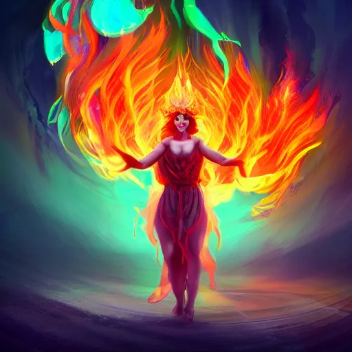 Image similar to ecstatic goddess of fire surrounded by swirling flames and magic, 8k resolution digital painting, cinematic lighting, DeviantArt Artstation, Behance HD, by Jason Felix and Ross Tran, vivid rainbow aventurescence