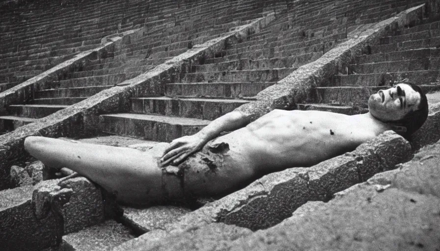 Image similar to 1 9 6 0 s movie still close - up of caligula laying dead on the ancient amphitheater's stairs blood flaque, cinestill 8 0 0 t 3 5 mm, high quality, heavy grain, high detail, dramatic light, anamorphic