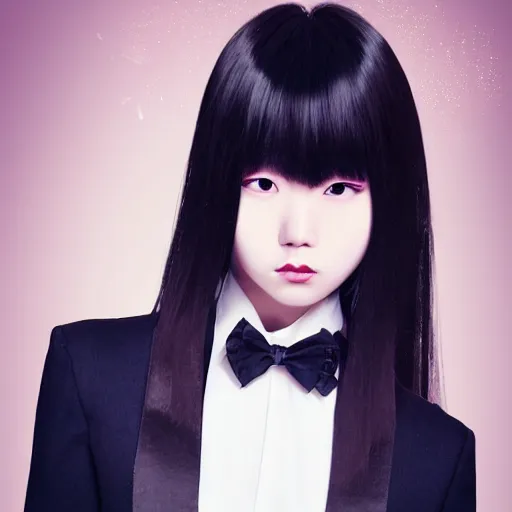 Image similar to portrait of a beautiful korean girl wearing a men's tuxedo, with long hair and bangs, angular features, angry expression, digital art, elegant pose, detailed illustration