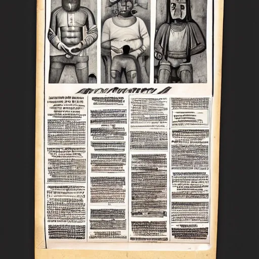 Prompt: A full page advertisement for a colonial gallery, Precolombian artifacts, masks, objects, newspaper style, black and white, Precolombian Arts magazine, 70s